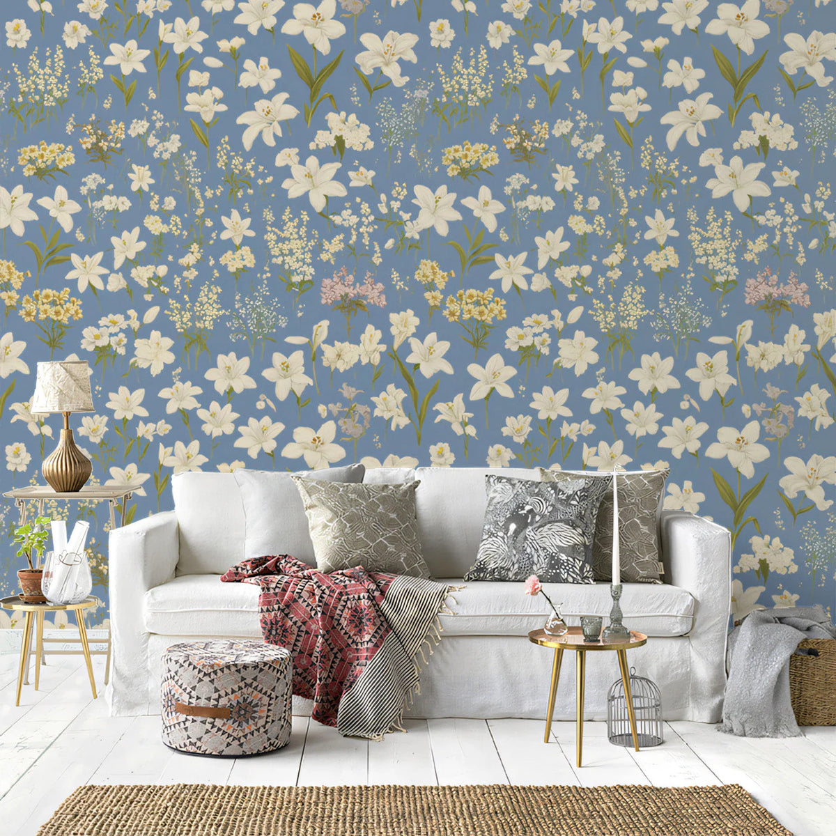 Meadow Lily Floral Mural Wallpaper — Airy Botanical Pattern Mural Wallpaper - pure wallpaper artwork