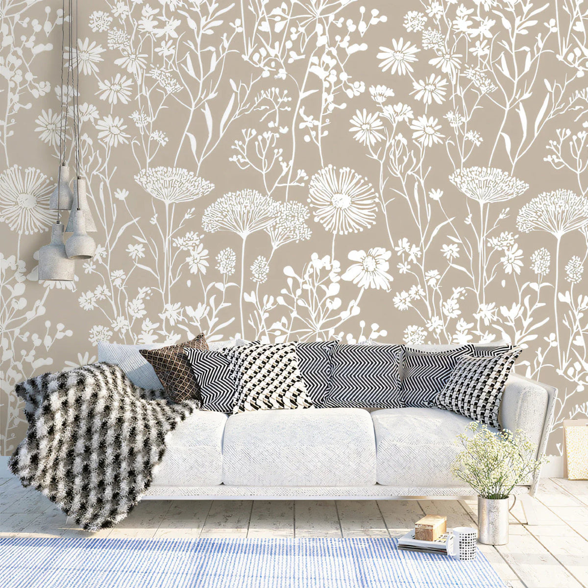 Meadow Wildflower Mural Wallpaper — Minimalist Taupe Botanical Mural Wallpaper - pure wallpaper artwork