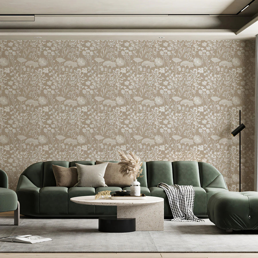Meadow Wildflower Mural Wallpaper in Soft Taupe and White Mural Wallpaper