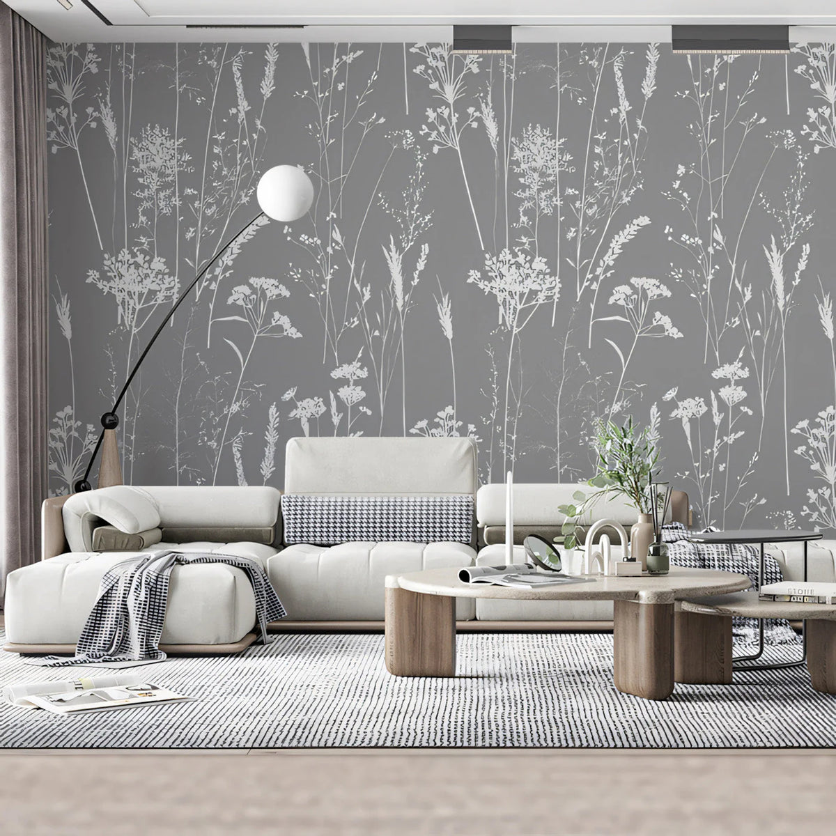 Meadow Grass Botanical Mural Wallpaper — Minimalist Gray and White Mural Wallpaper - pure wallpaper artwork