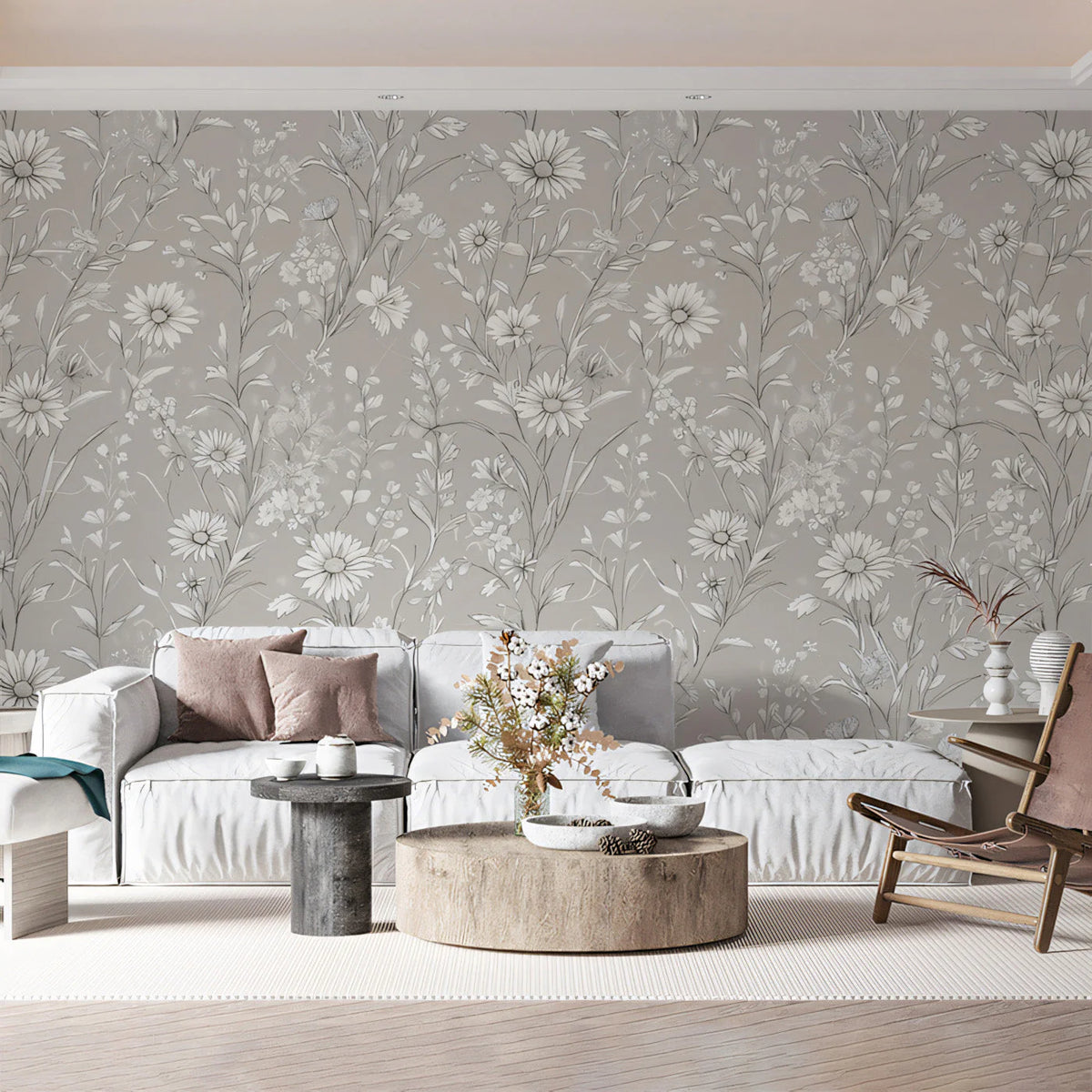 Field Daisy Floral Mural Wallpaper — Soft Botanical Design Mural Wallpaper - pure wallpaper artwork