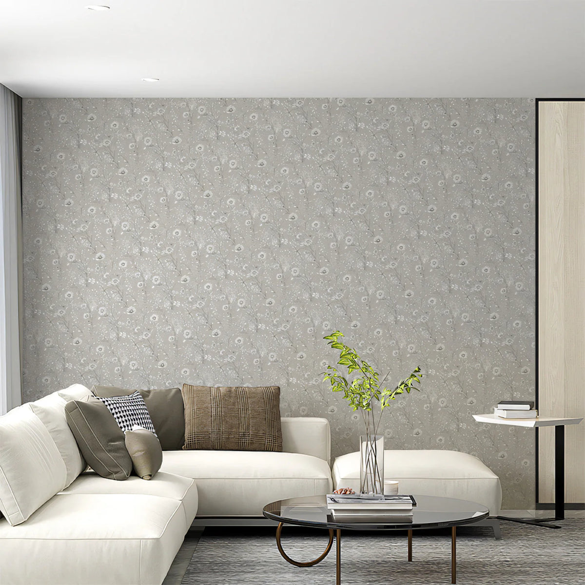Dainty Wildflower Meadow Mural Wallpaper — Soft Gray and White Mural Wallpaper - pure wallpaper artwork