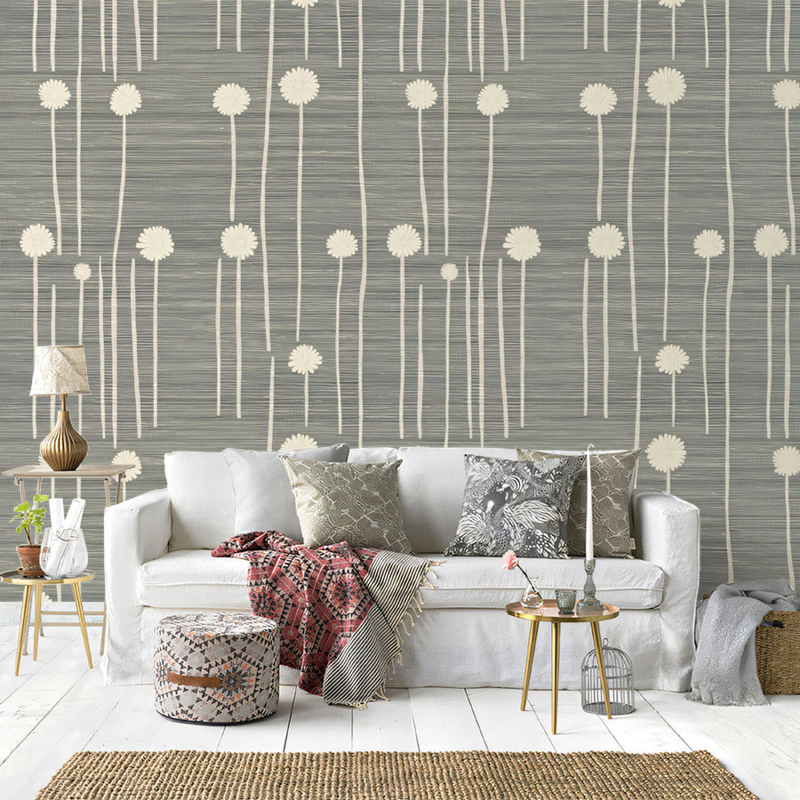 Minimalist Dandelion Meadow Mural Wallpaper — Charcoal and Cream Mural Wallpaper