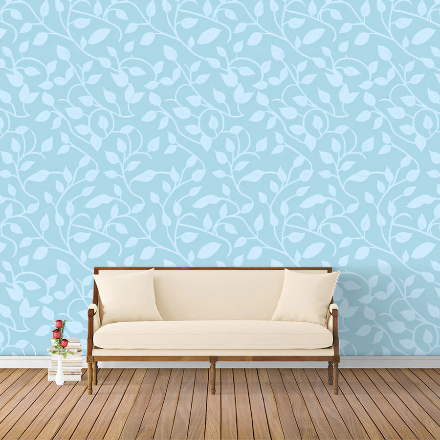 Sky Blue Botanical Leaf Mural Wallpaper — Delicate Vine Pattern Mural Wallpaper