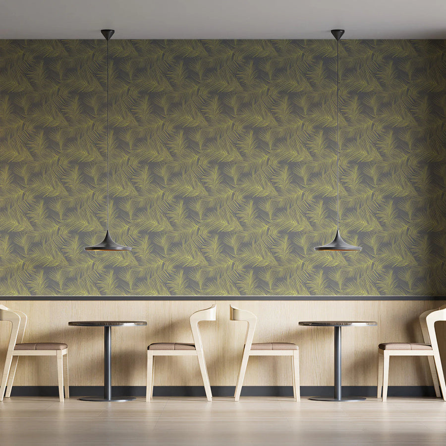 Palm Frond Mural Wallpaper —Muted Ochre and Gray Motif Mural Wallpaper
