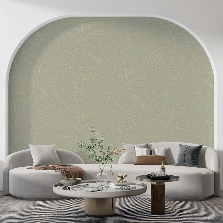 Minimalist Botanical Line Art Mural Wallpaper — Sage and Cream Mural Wallpaper