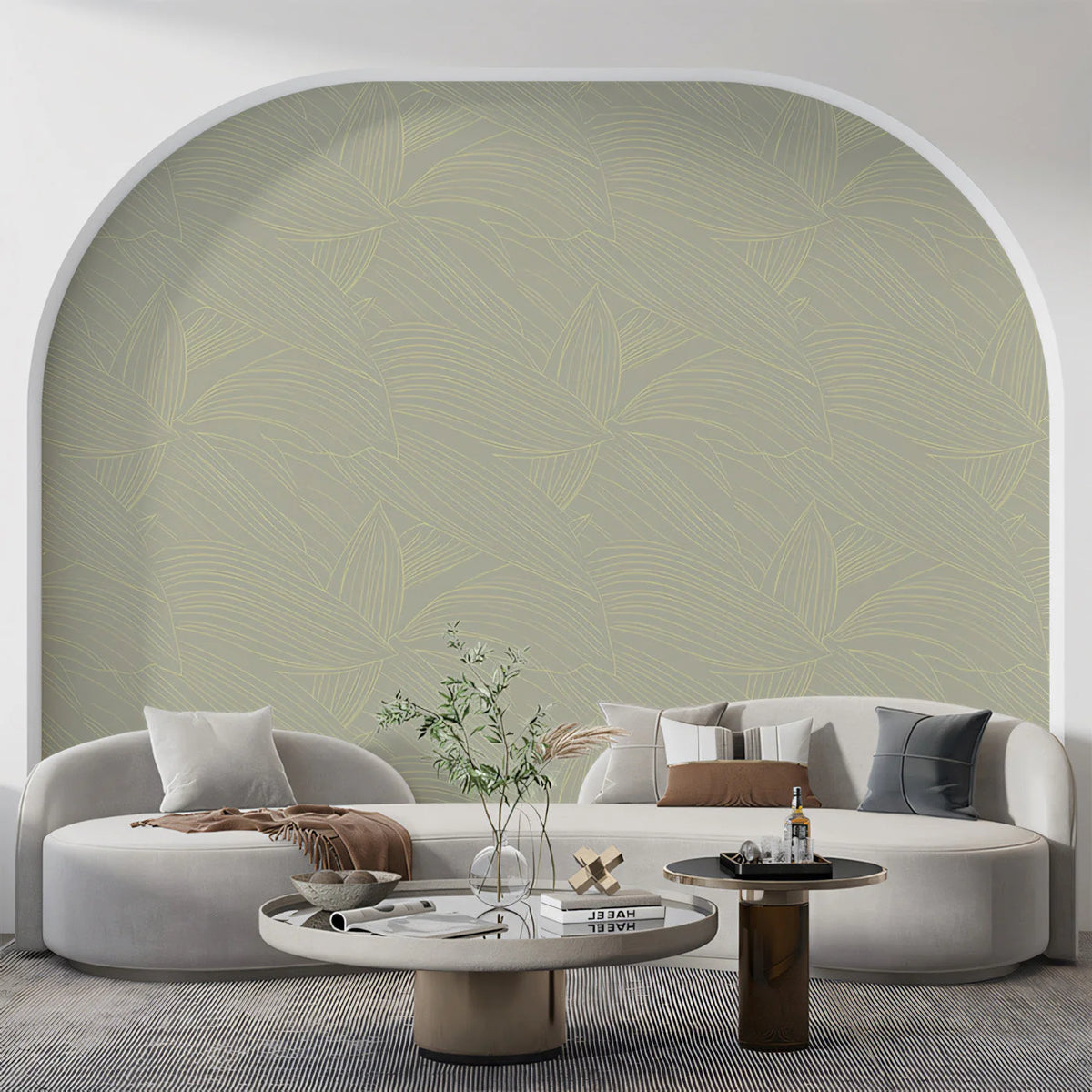 Minimalist Botanical Line Art Mural Wallpaper — Sage and Cream Mural Wallpaper - pure wallpaper artwork