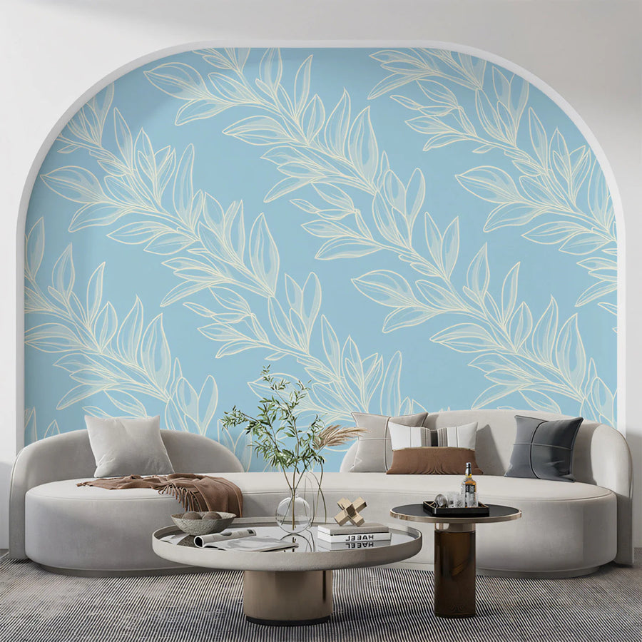 Sky Blue Leaf Trail Mural Wallpaper — Minimalist Botanical Mural Wallpaper