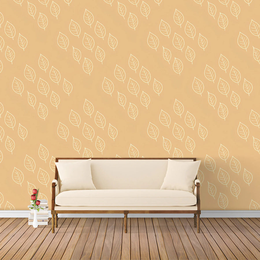 Minimalist Leaf Pattern Mural Wallpaper — Soft Ochre and White Mural Wallpaper