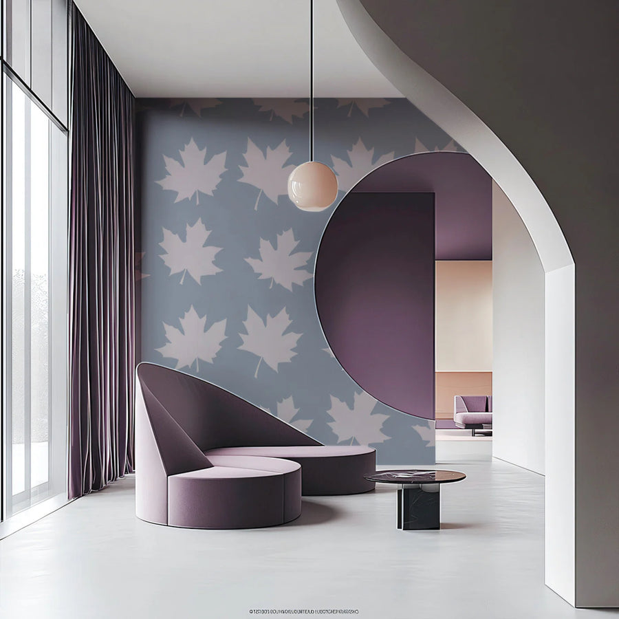 Minimalist Maple Leaf Mural Wallpaper in Dusty Blue and Lilac Mural Wallpaper