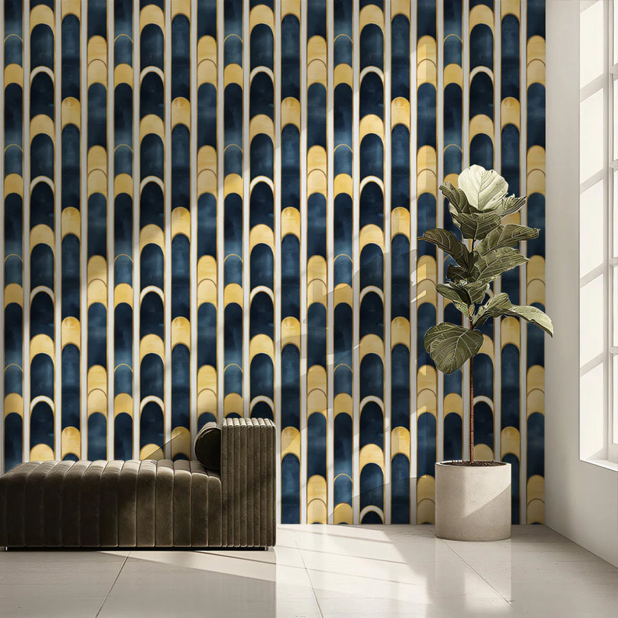 Art Deco Arches Mural Wallpaper — Navy and Metallic Gold Pattern Mural Wallpaper