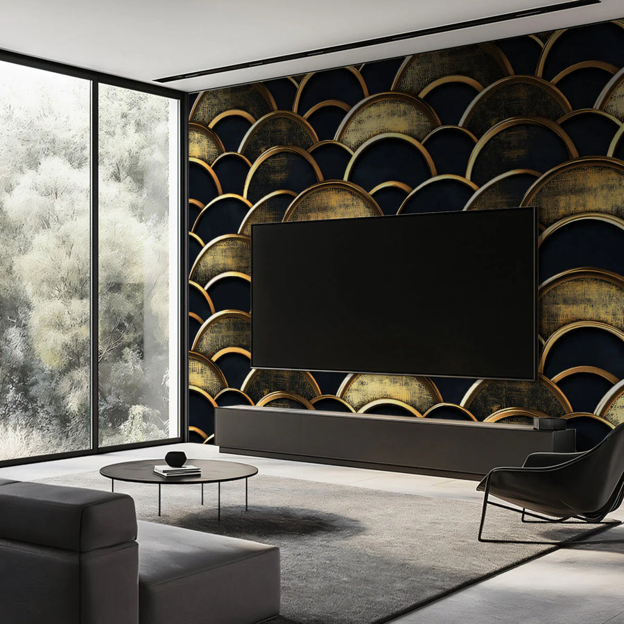 Golden Fan Scales Mural Wallpaper — Art Deco Geometric Pattern Mural Wallpaper