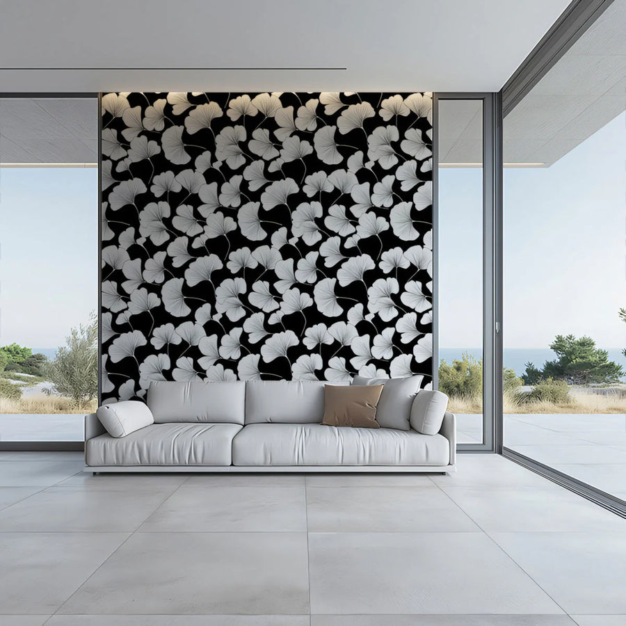 Monochrome Ginkgo Leaf Mural Wallpaper — Modern Botanical Mural Wallpaper