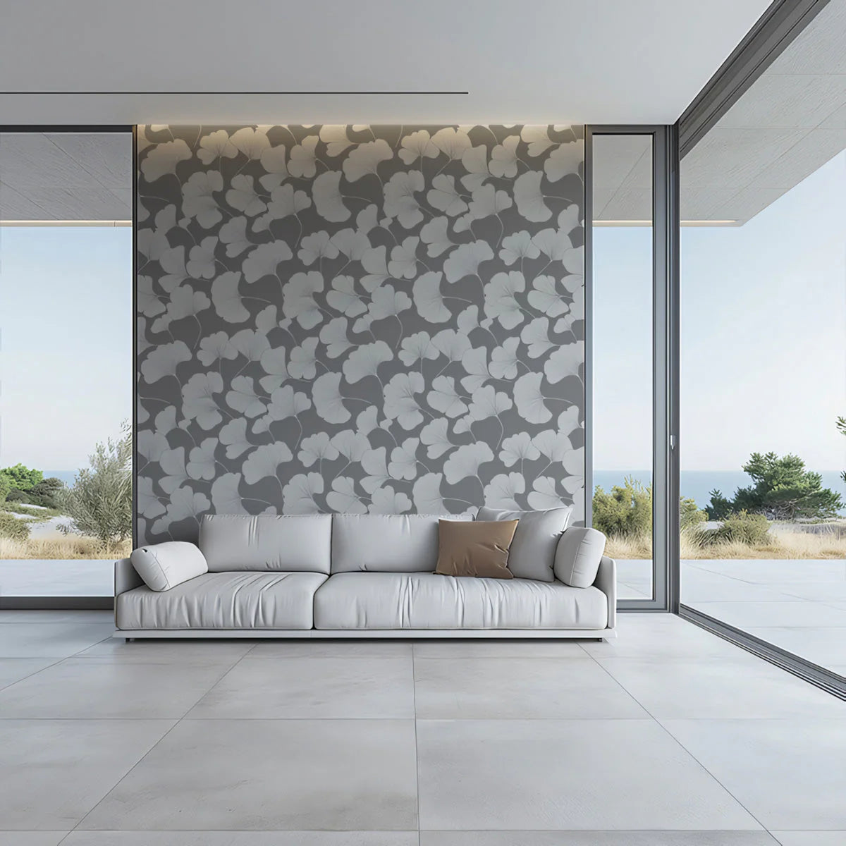 Ginkgo Leaf Pattern Mural Wallpaper — Minimalist Gray Botanical Mural Wallpaper - pure wallpaper artwork