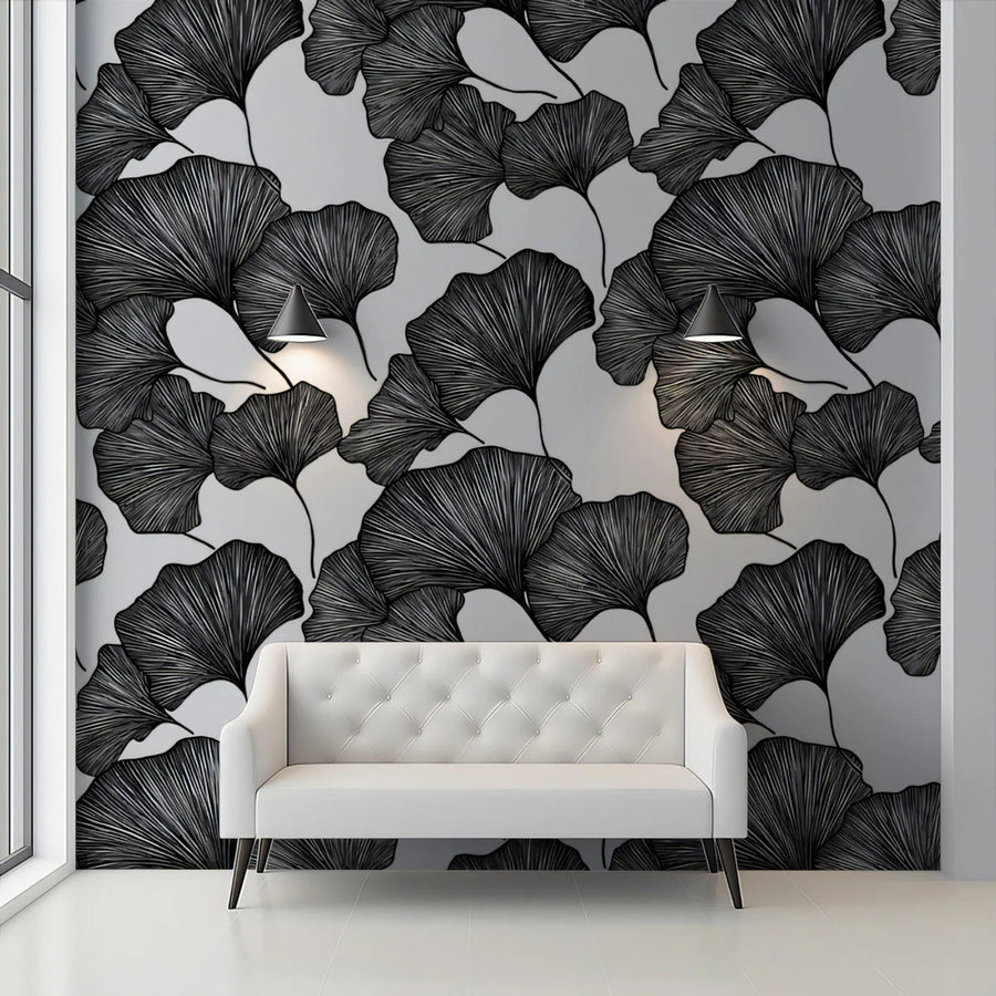 Ginkgo Leaf Sketch Mural Wallpaper — Minimalist Botanical Art Mural Wallpaper