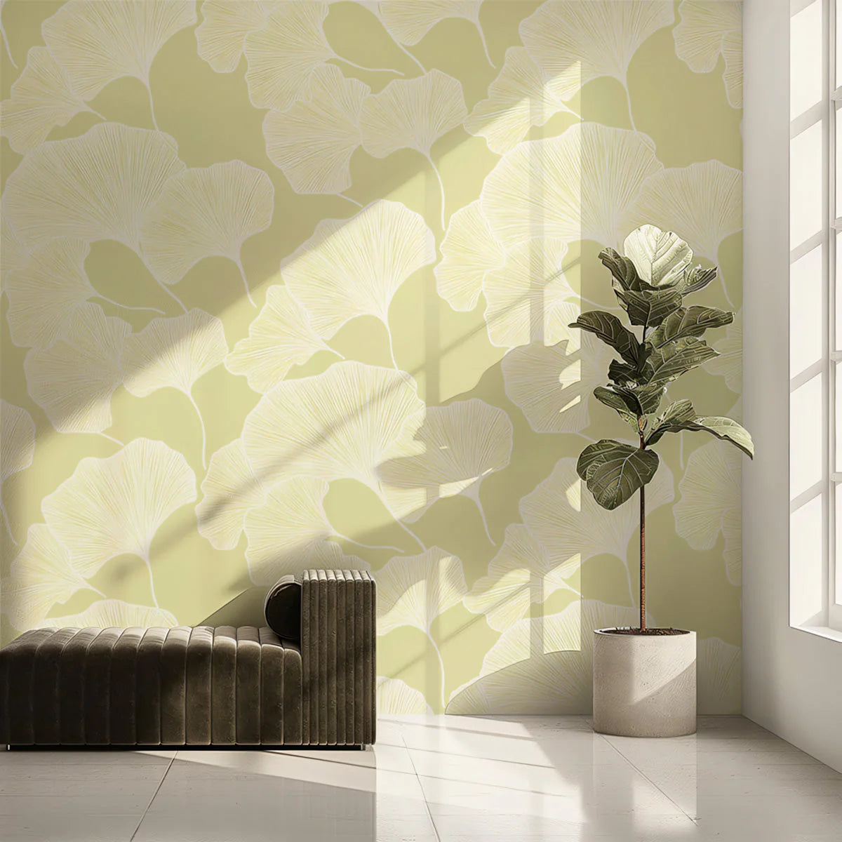 Ginkgo Leaf Line Art Mural Wallpaper — Soft Pale Yellow Mural Wallpaper - pure wallpaper artwork