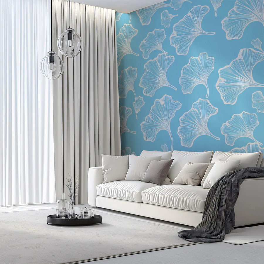 Ginkgo Leaf Sky Breeze Mural Wallpaper — Light Botanical Design Mural Wallpaper