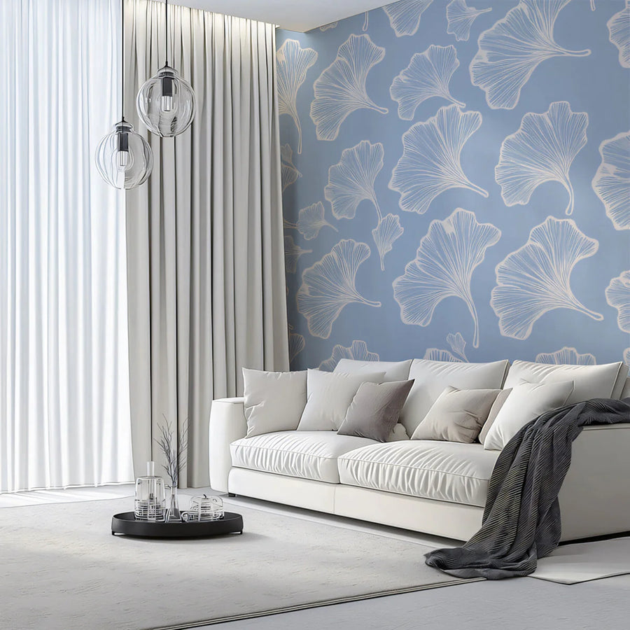 Ginkgo Leaf Pattern Mural Wallpaper — Soft Blue Botanical Design Mural Wallpaper