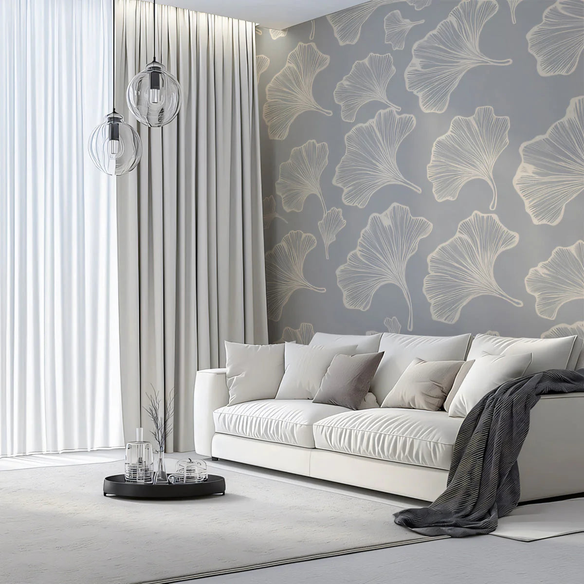 Ginkgo Leaf Mural Wallpaper — Minimalist Grey Botanical Pattern Mural Wallpaper - pure wallpaper artwork