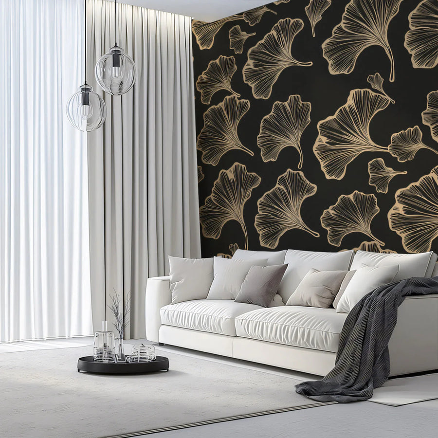 Ginkgo Leaf Line Art Mural Wallpaper — Dark Botanical Sophistication Mural Wallpaper