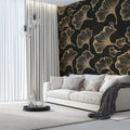 Ginkgo Leaf Line Art Mural Wallpaper — Dark Botanical Sophistication Mural Wallpaper - pure wallpaper artwork