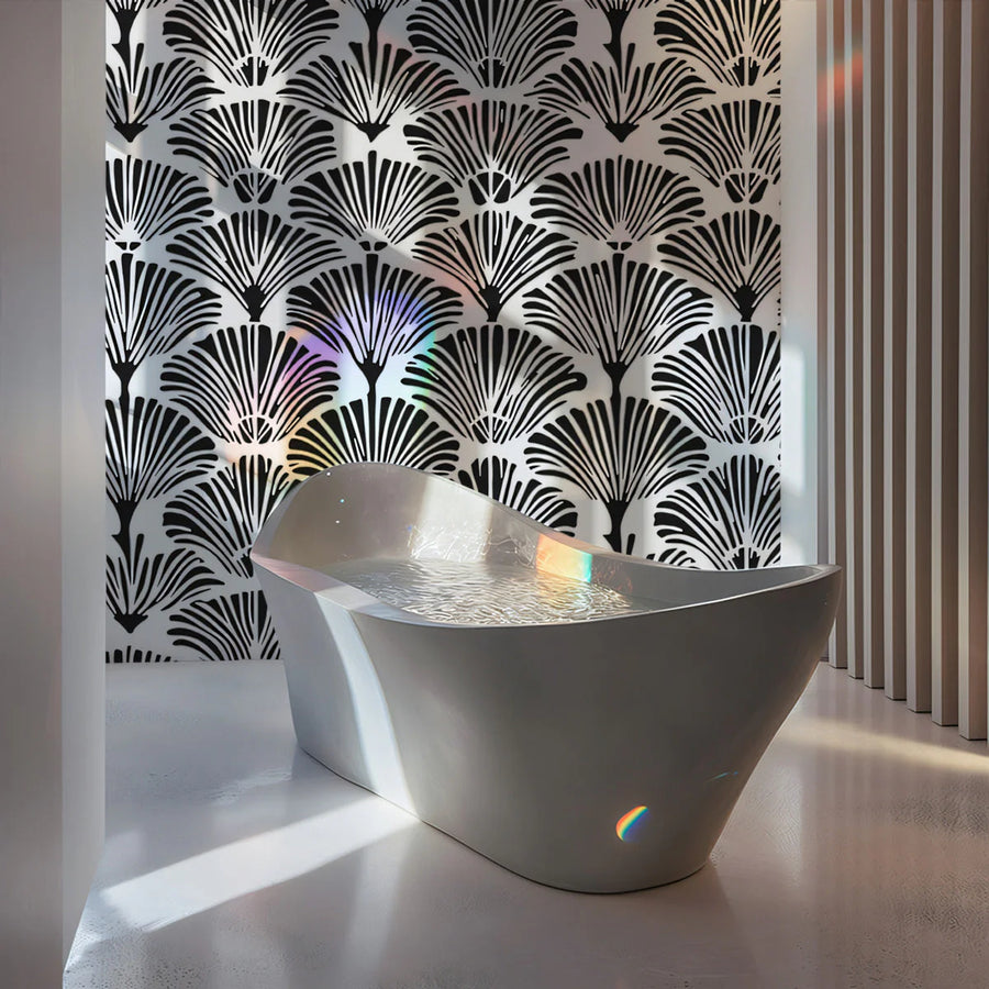 Ginkgo Fan Silhouette Mural Wallpaper — Art Deco Graphic Print Mural Wallpaper