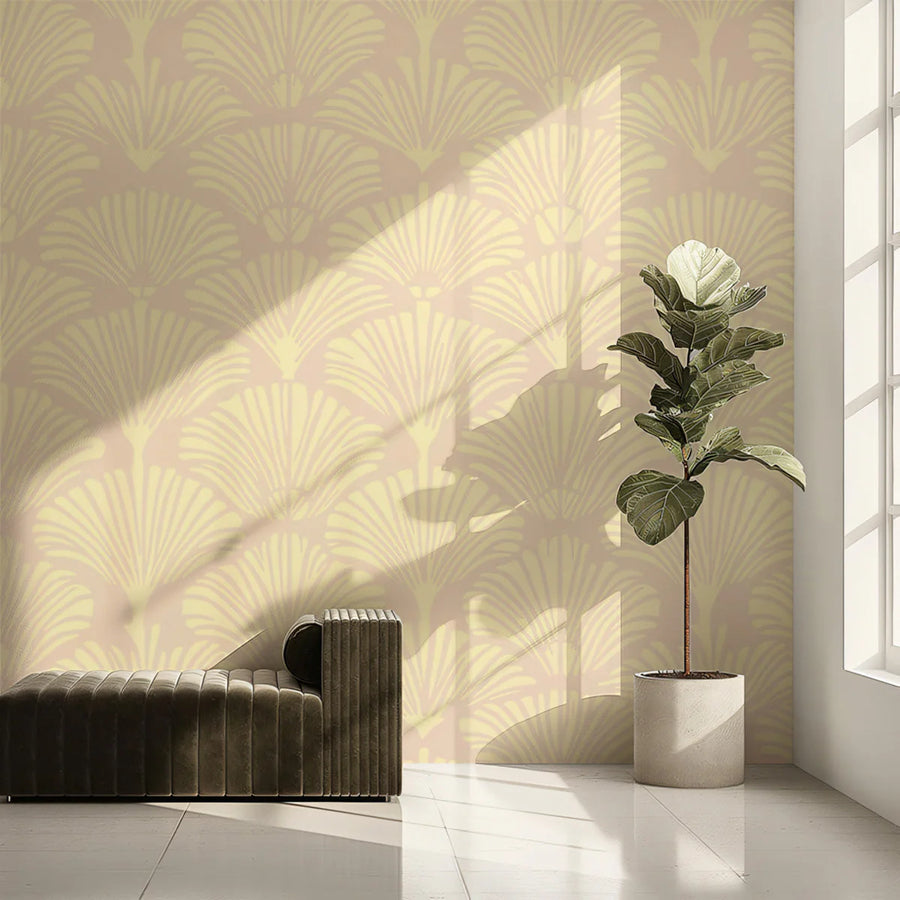 Ginkgo Fan Mural Wallpaper in Soft Clay and Pale Cream Mural Wallpaper