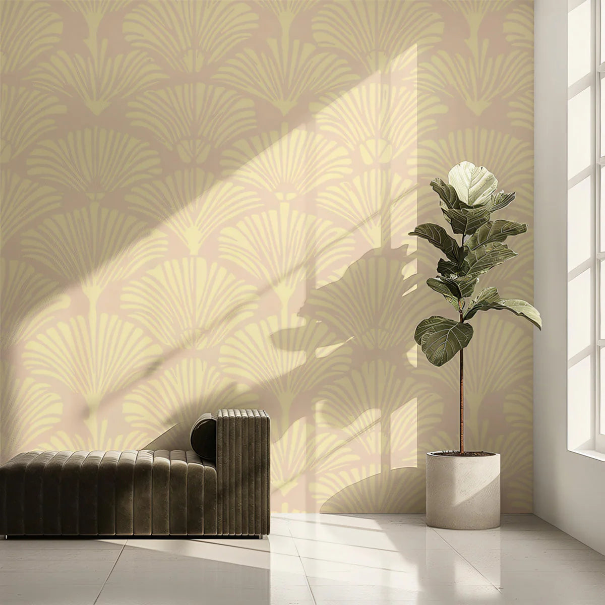 Ginkgo Fan Mural Wallpaper in Soft Clay and Pale Cream Mural Wallpaper - pure wallpaper artwork
