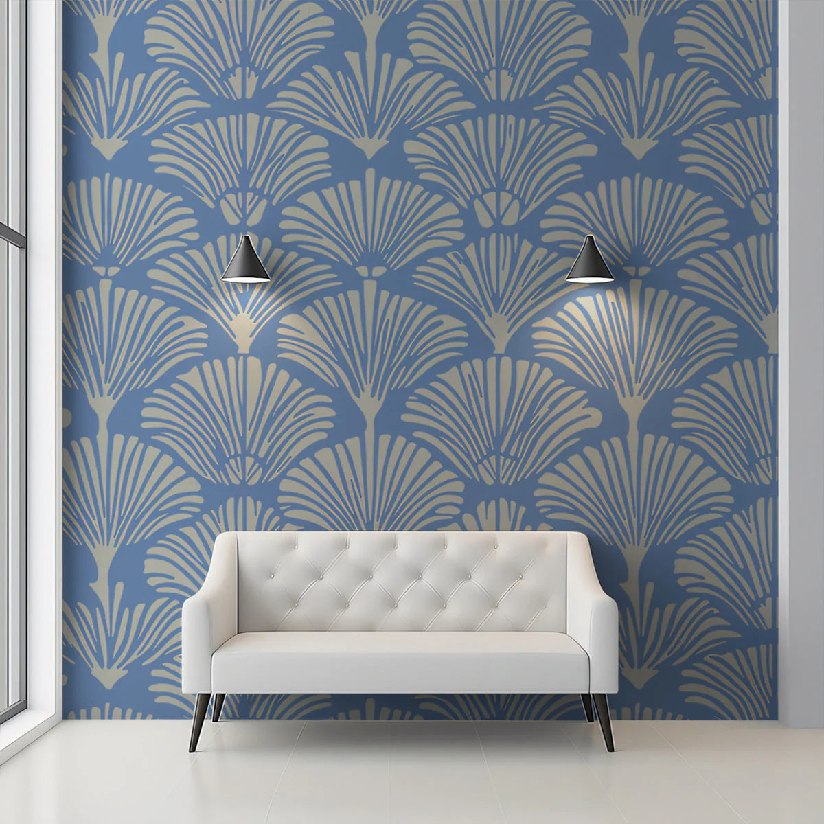 Ginkgo Fan Mural Wallpaper — Art Deco Blue and Cream Pattern Mural Wallpaper - pure wallpaper artwork