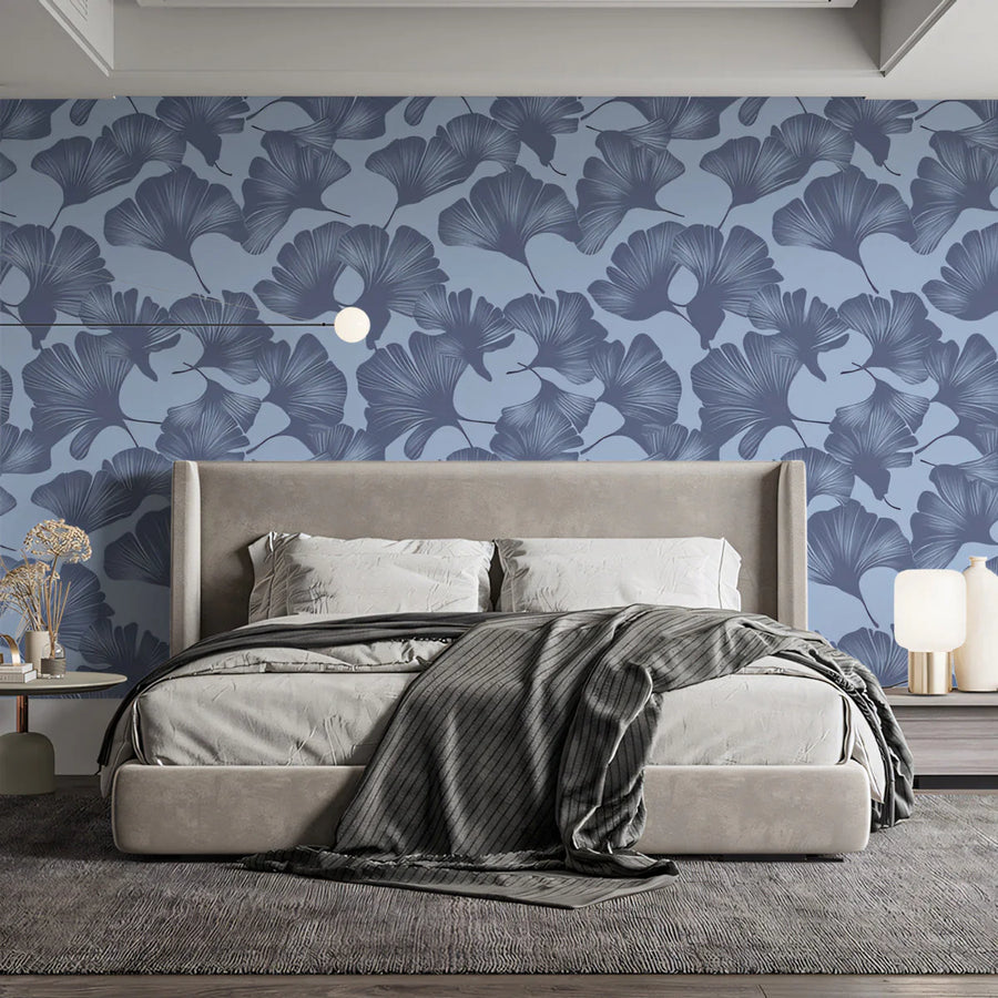 Ginkgo Leaf Mural Wallpaper — Botanical Blue Pattern Mural Wallpaper