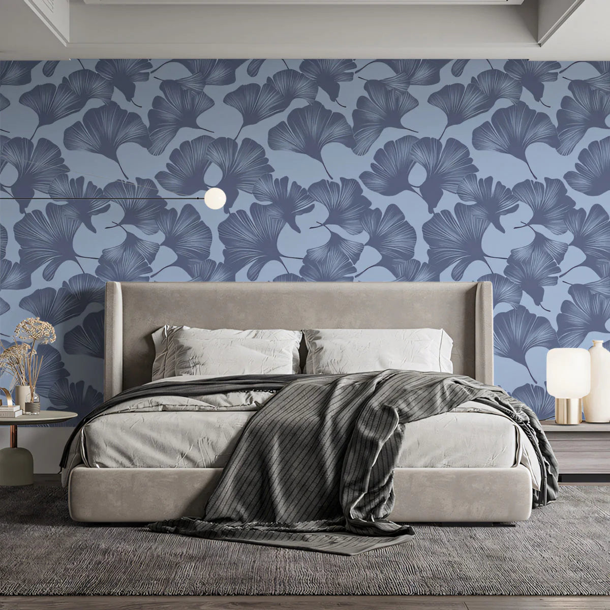 Ginkgo Leaf Mural Wallpaper — Botanical Blue Pattern Mural Wallpaper - pure wallpaper artwork