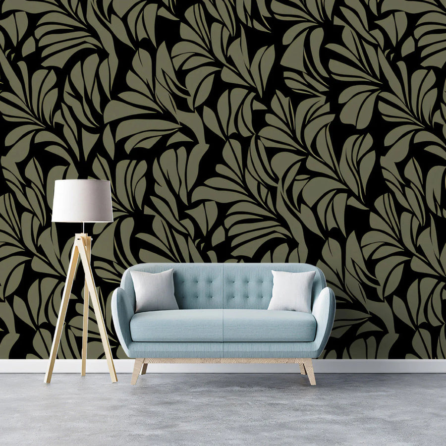 Olive Leaf Silhouette Mural Wallpaper — Moody Botanical Print Mural Wallpaper