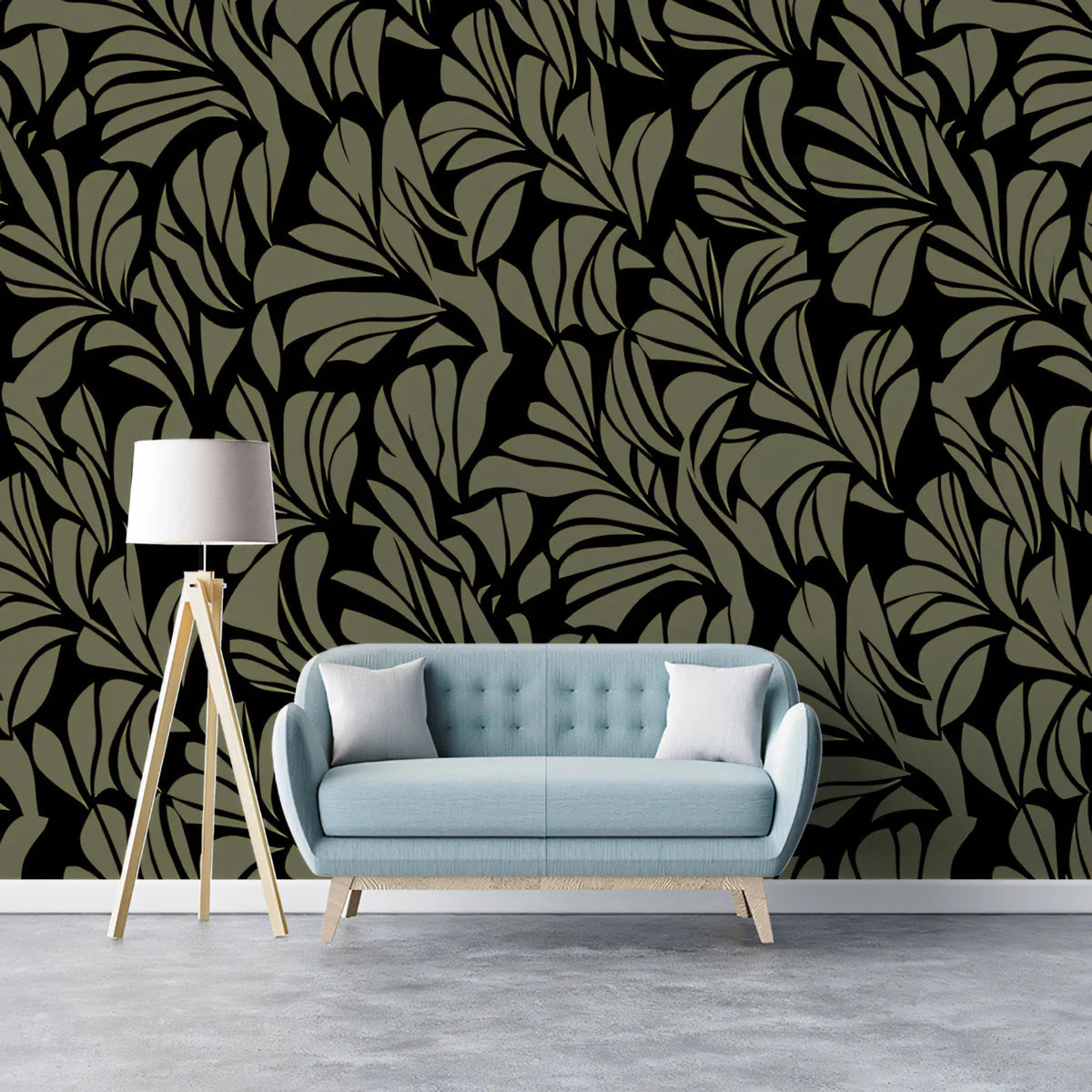Olive Leaf Silhouette Mural Wallpaper — Moody Botanical Print Mural Wallpaper - pure wallpaper artwork