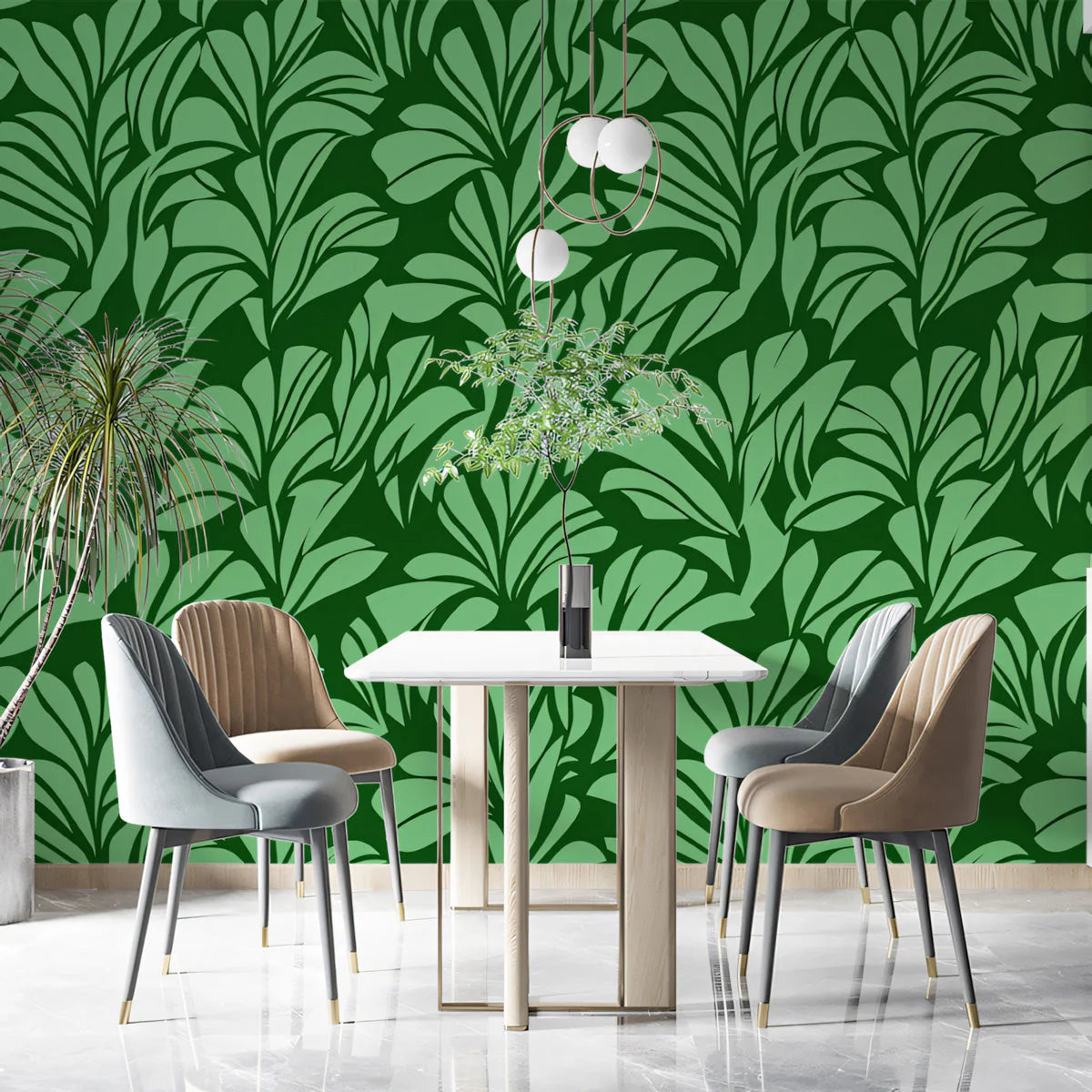 Emerald Botanical Fan Mural Wallpaper — Modern Nature Graphic Mural Wallpaper - pure wallpaper artwork