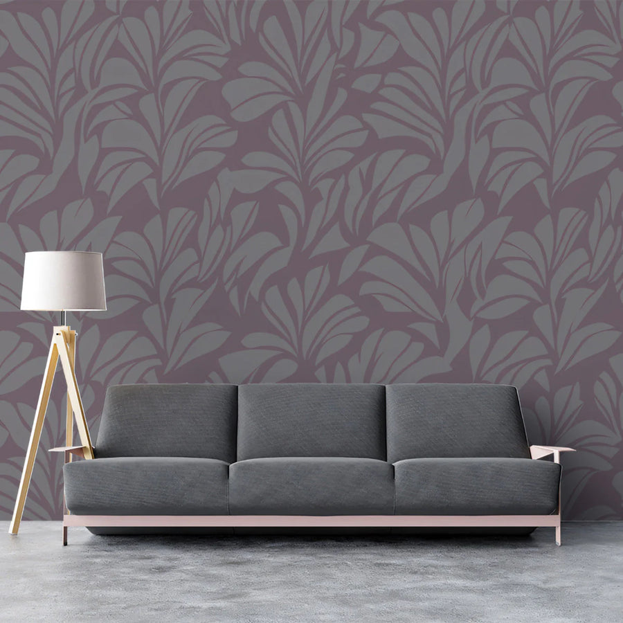 Stylized Leaf Botanical Mural Wallpaper — Muted Plum and Slate Mural Wallpaper