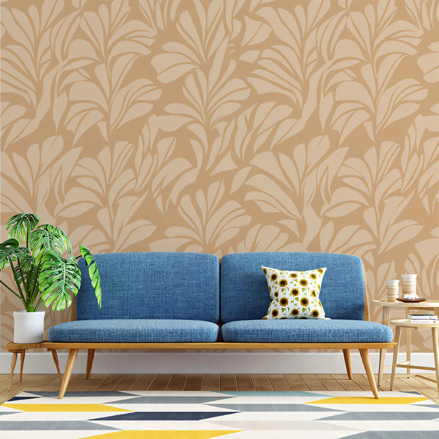Abstract Leaf Mural Wallpaper — Minimalist Warm Ochre Botanical Mural Wallpaper