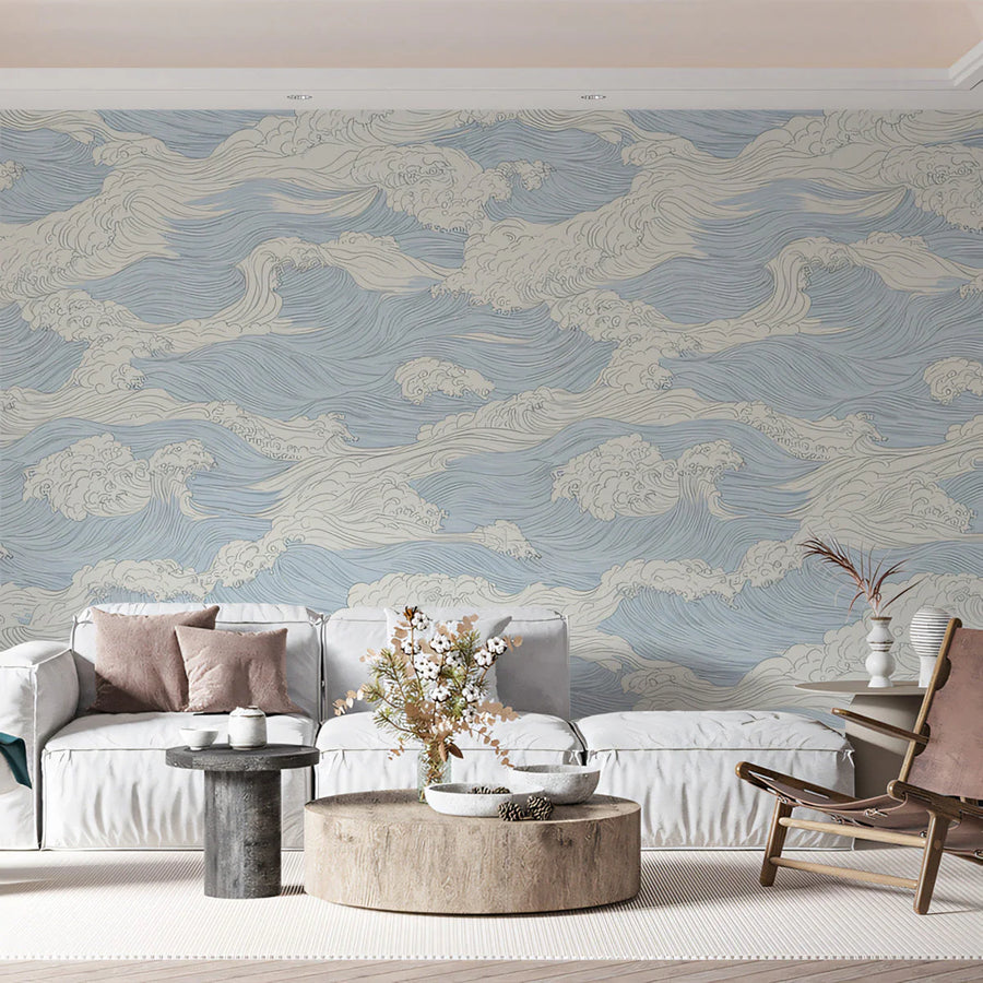 Japanese Wave Line Art Mural Wallpaper in Soft Blue and Cream Mural Wallpaper