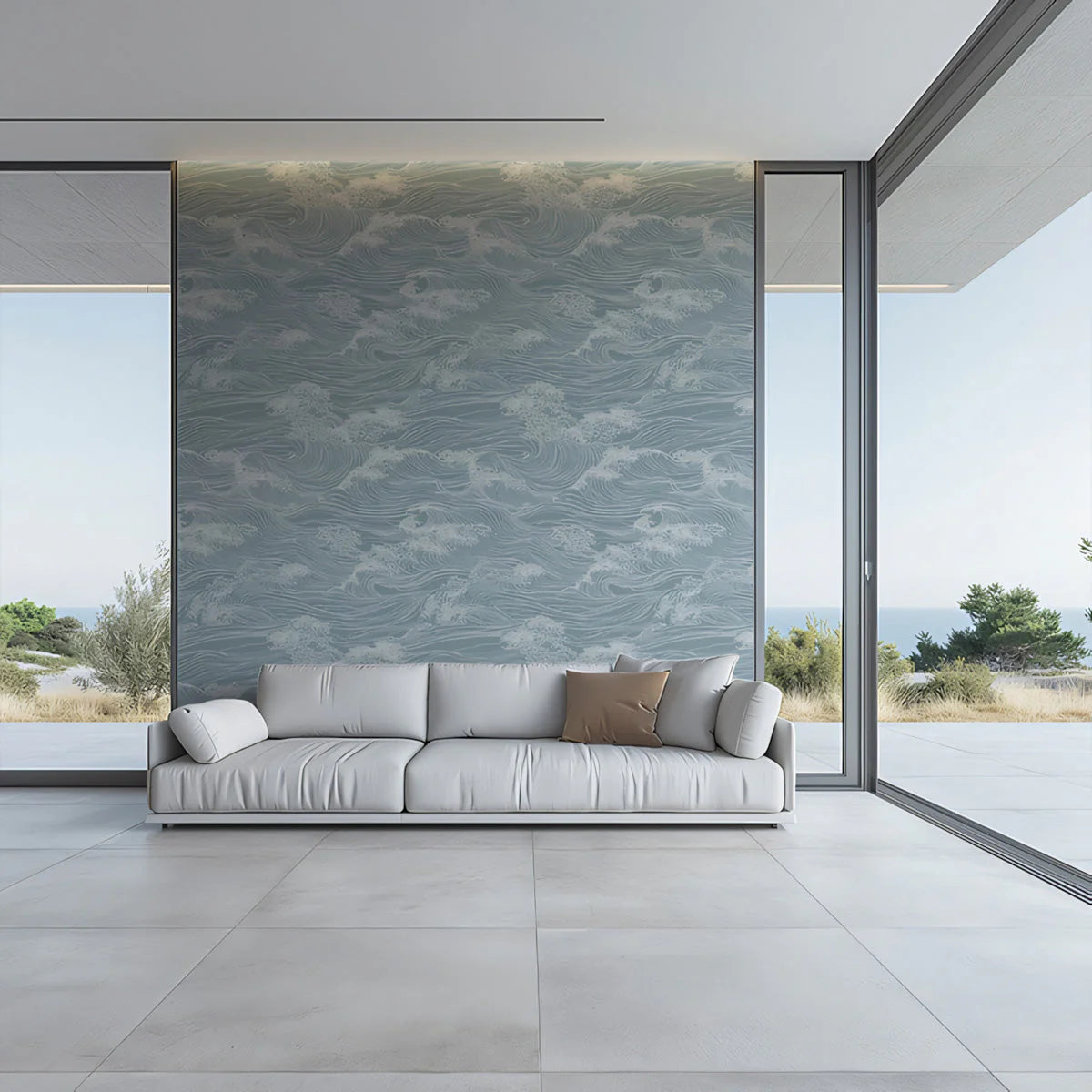Coastal Wave Mural Wallpaper in Dusty Blue and White Mural Wallpaper - pure wallpaper artwork