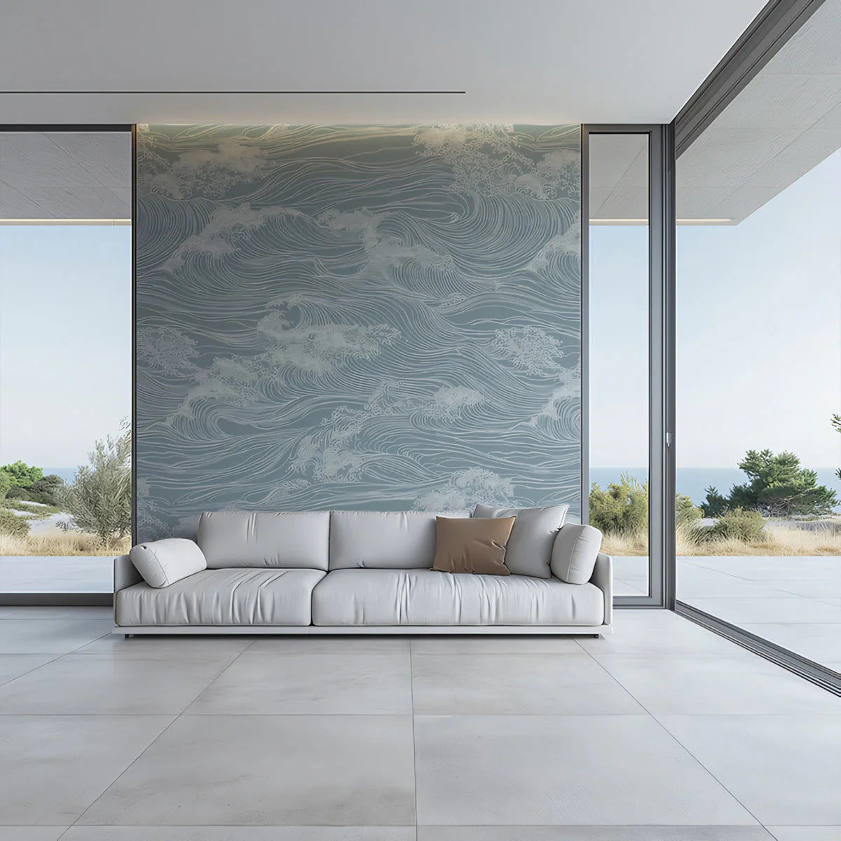 Japanese Wave Line Art Mural Wallpaper — Dusty Blue Ocean Mural Wallpaper - pure wallpaper artwork
