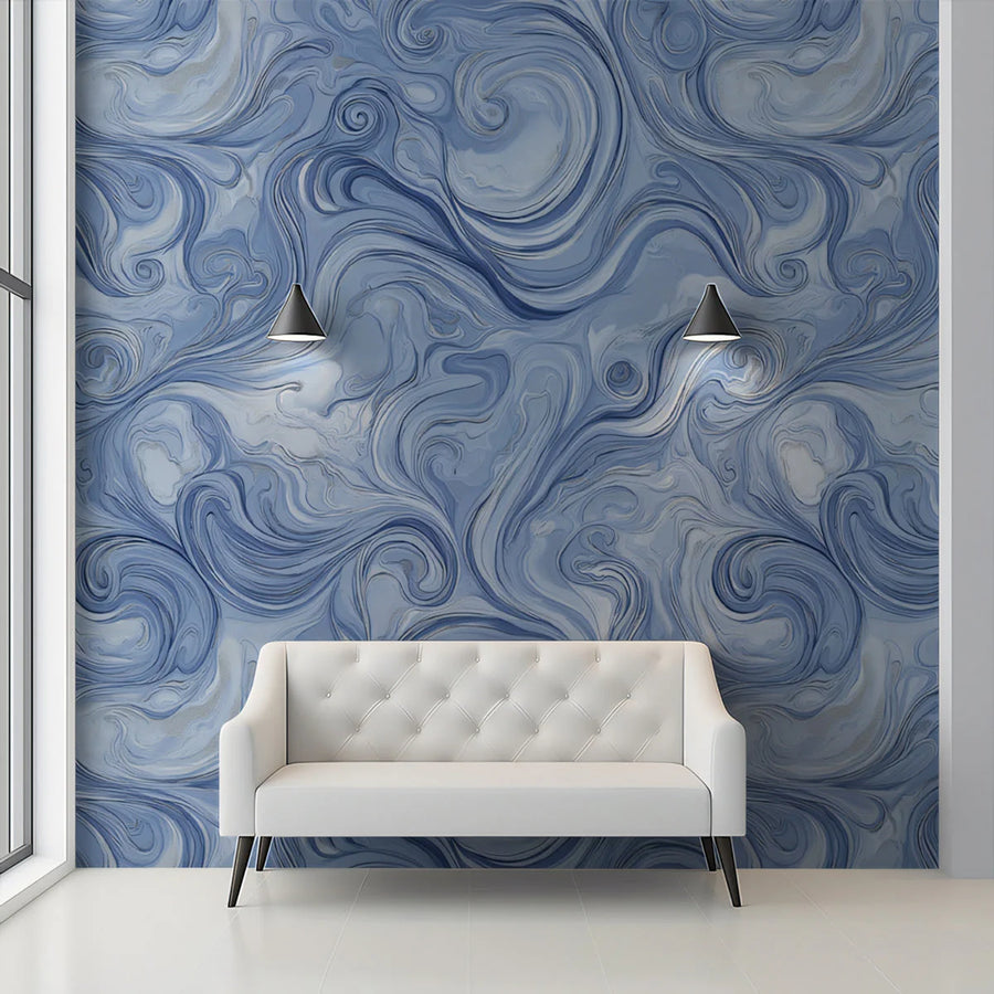 Cerulean Swirl Marble Mural Wallpaper — Fluid Modern Art Mural Wallpaper