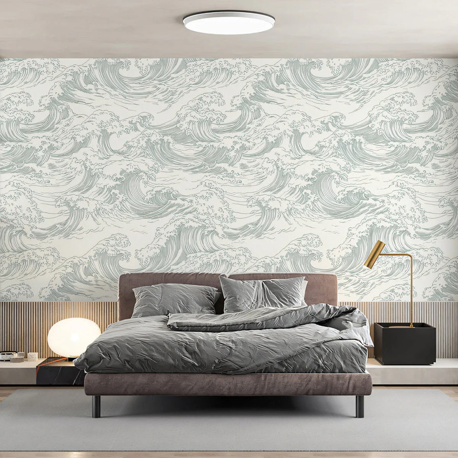 Japanese Wave Line Art Mural Wallpaper — Sage on Ivory Mural Wallpaper