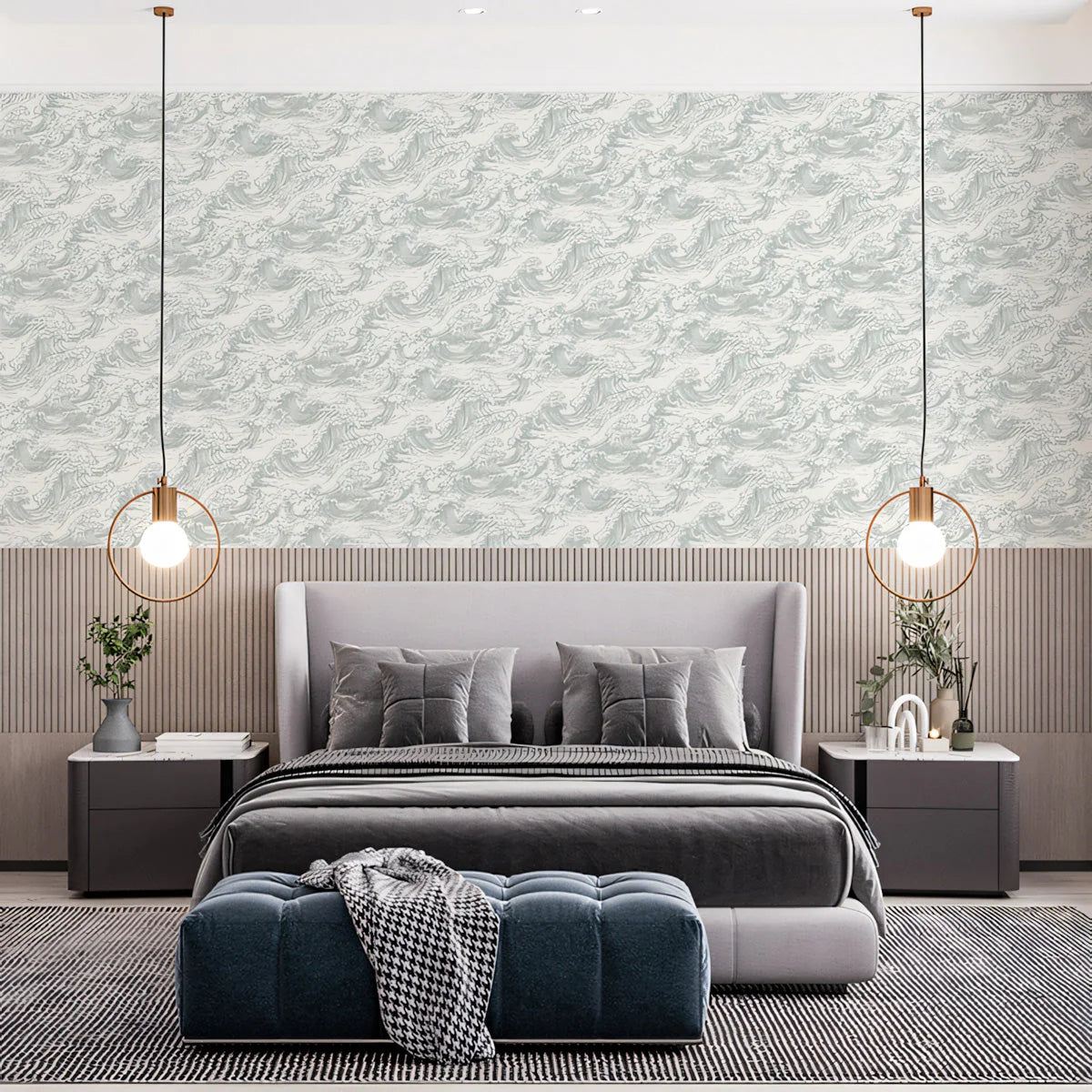 Stormwave Line Art Mural Wallpaper — Sage and Ivory Wave Pattern Mural Wallpaper - pure wallpaper artwork