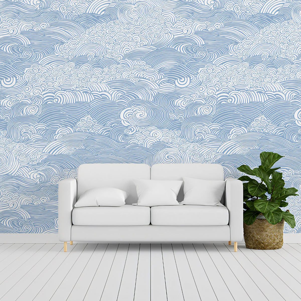 Japanese Ocean Wave Mural Wallpaper — Calm Blue Swirl Pattern Mural Wallpaper - pure wallpaper artwork