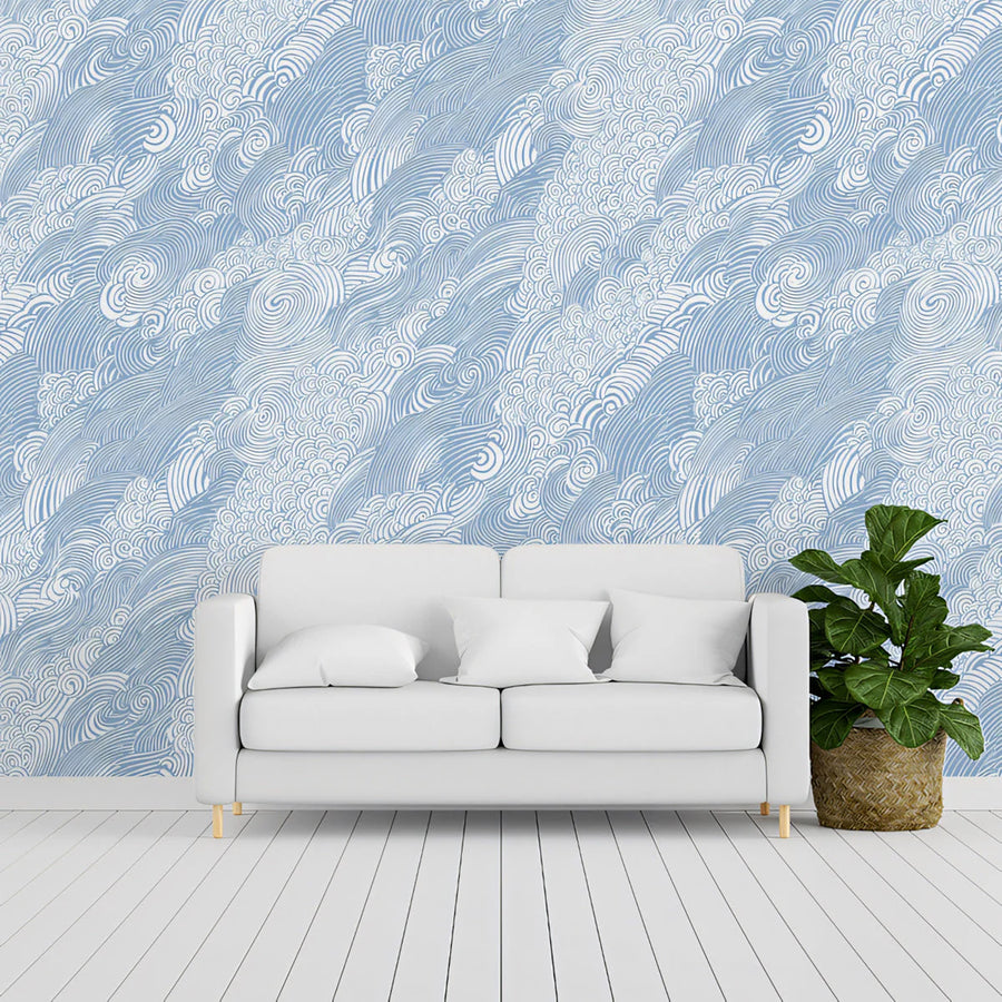 Japanese Wave Line Art Mural Wallpaper — Soft Blue and White Mural Wallpaper