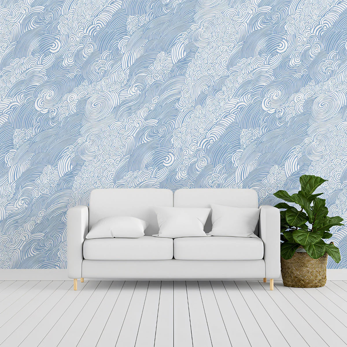 Japanese Wave Line Art Mural Wallpaper — Soft Blue and White Mural Wallpaper - pure wallpaper artwork