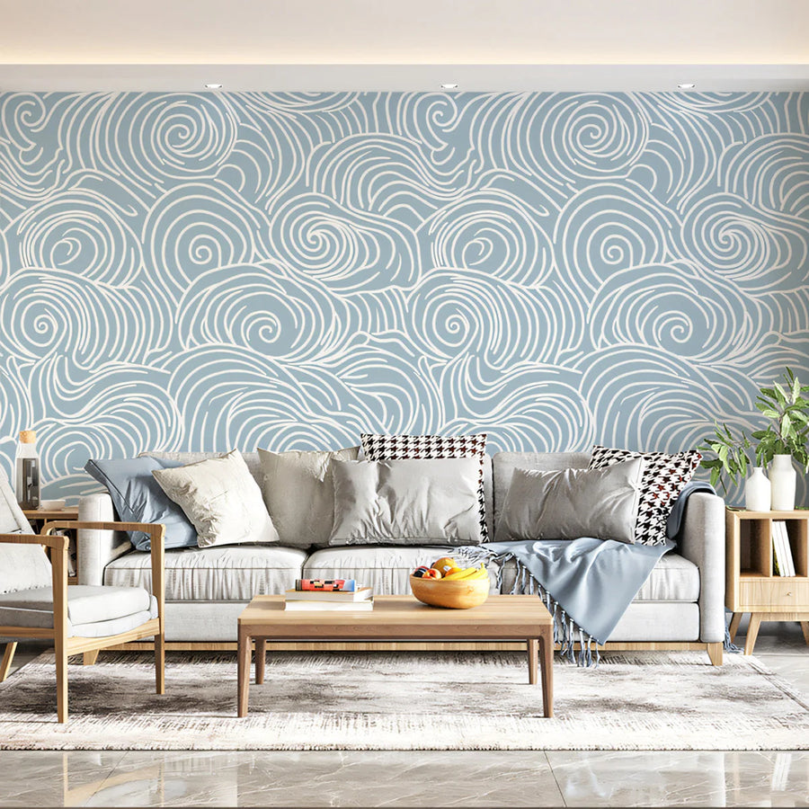 Stormwave Line Art Mural Wallpaper — Soft Blue Swirl Pattern Mural Wallpaper