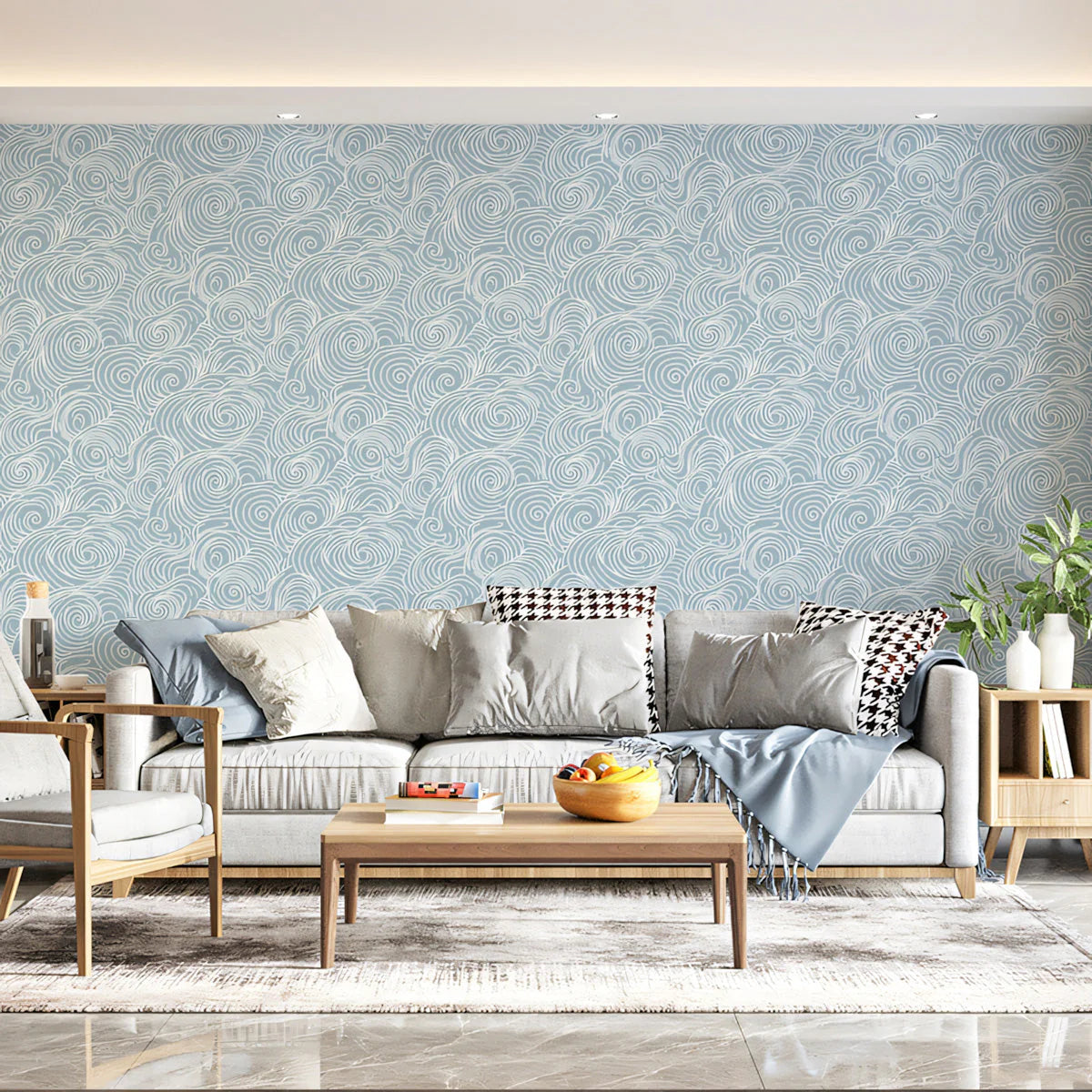 Stormwave Line Art Mural Wallpaper — Soft Blue Swirl Pattern Mural Wallpaper - pure wallpaper artwork