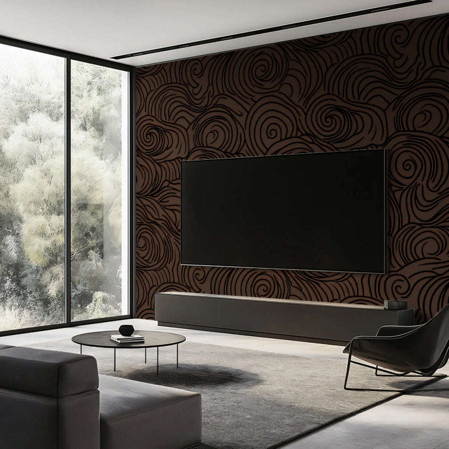 Abstract Swirl Mural Wallpaper — Dark Brown and Charcoal Lines Mural Wallpaper
