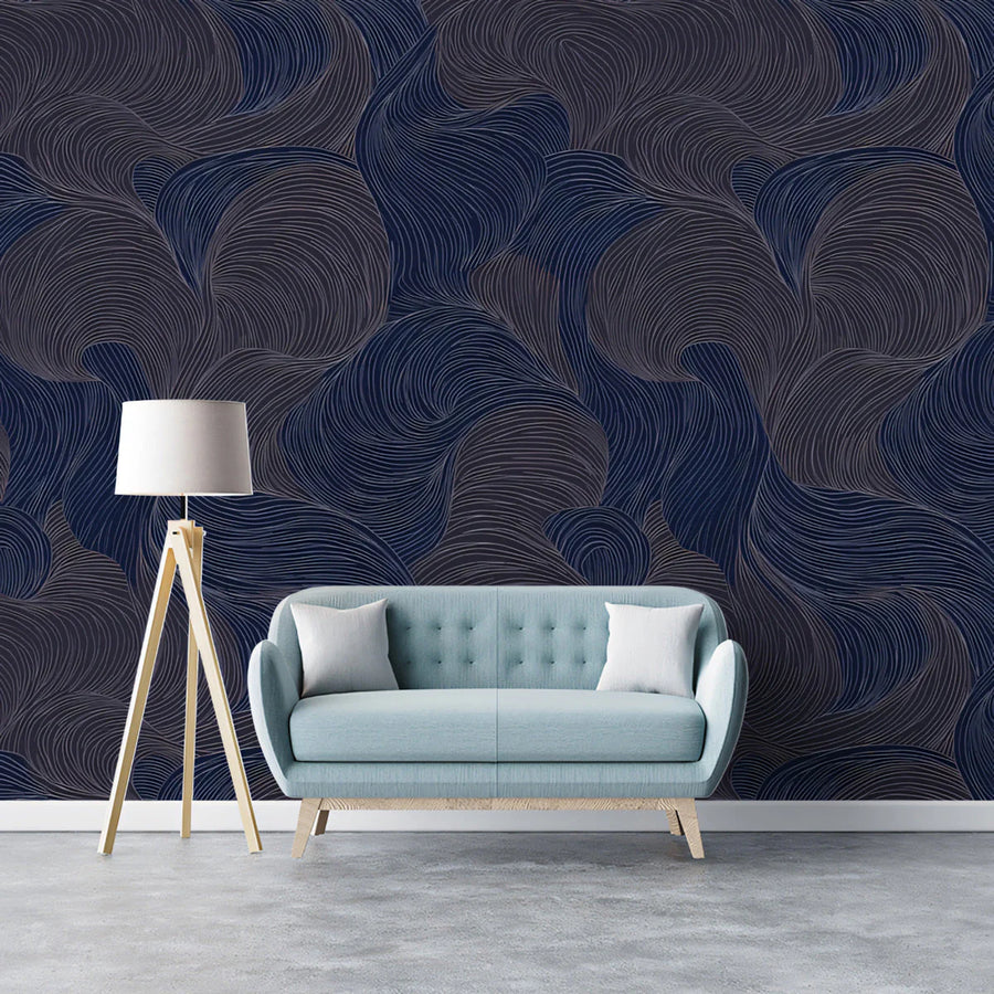 Midnight Swirl Mural Wallpaper — Moody Fluid Flow Pattern Mural Wallpaper