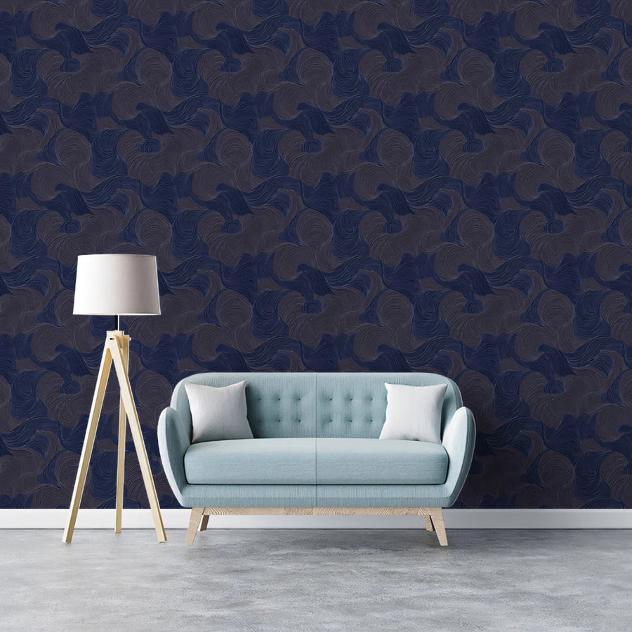 Midnight Swirl Mural Wallpaper in Dark Navy and Charcoal Mural Wallpaper